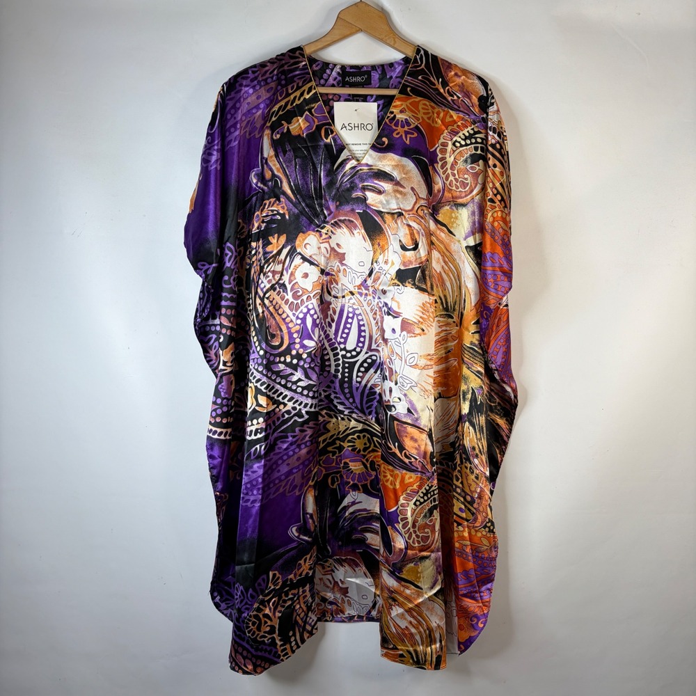 Ashro Kaftan Women Free Size Purple Orange Paisley Satin V-Neck Kimono Sleeve